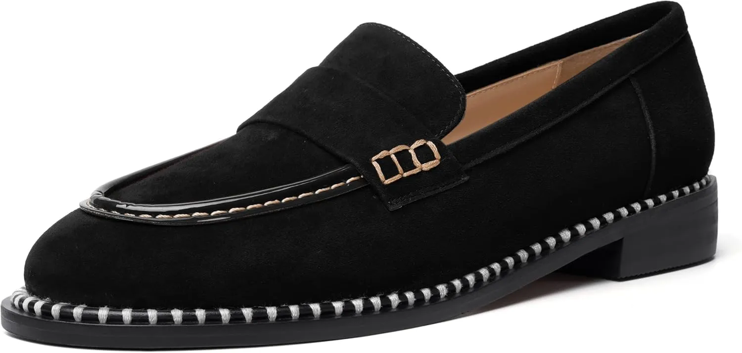 FOGEENA Womens Penny Round Toe Casual Fashion Slip On Suede Leather Chunky Low Heel Loafers Dress Shoes 1 Inch