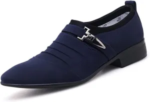 Formal Shoes for Men Slip On Pointed Cap Toe Pleated Canvas Block Heel Anti-Slip Rubber Sole Working (Color : Blue, Size : 8)