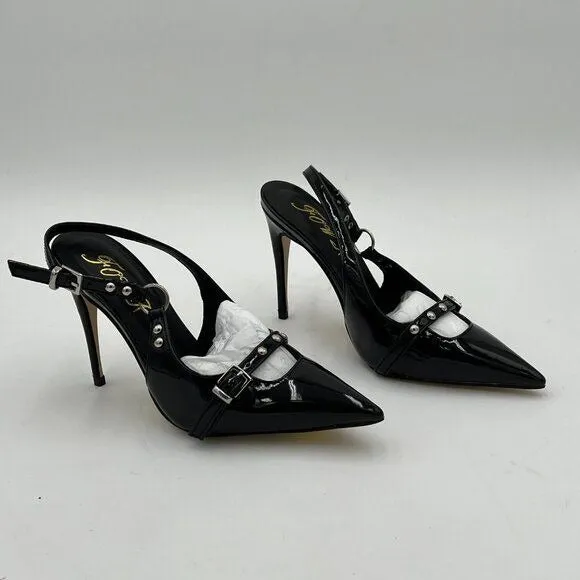 FOWT Black Rivet Studded Pointed Toe Pumps Sexy High Heel Slingback Shoes