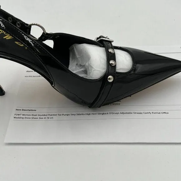 FOWT Black Rivet Studded Pointed Toe Pumps Sexy High Heel Slingback Shoes