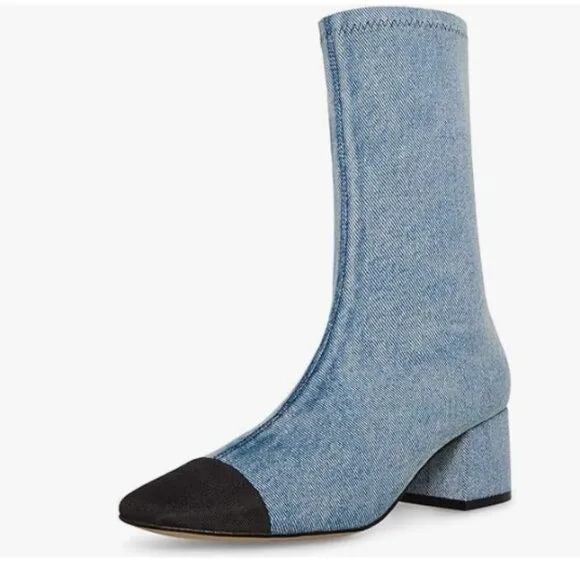 FOWT Blue Cap Closed Toe Mid Calf Boots Side Zipper Block Low Heel Dress Shoes