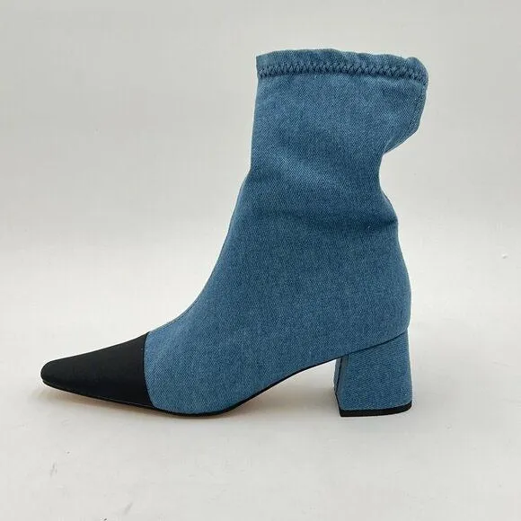 FOWT Blue Cap Closed Toe Mid Calf Boots Side Zipper Block Low Heel Dress Shoes