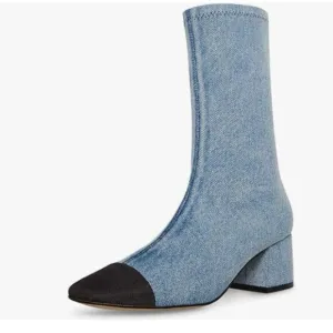 FOWT Blue Cap Closed Toe Mid Calf Boots Side Zipper Block Low Heel Dress Shoes