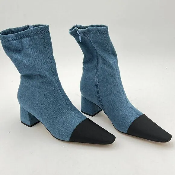 FOWT Blue Cap Closed Toe Mid Calf Boots Side Zipper Block Low Heel Dress Shoes