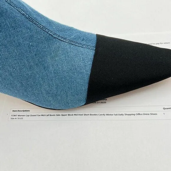 FOWT Blue Cap Closed Toe Mid Calf Boots Side Zipper Block Low Heel Dress Shoes