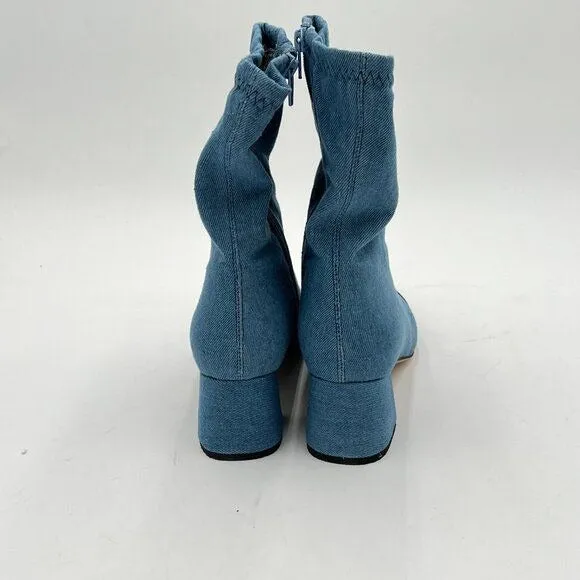 FOWT Blue Cap Closed Toe Mid Calf Boots Side Zipper Block Low Heel Dress Shoes