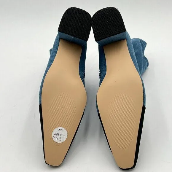 FOWT Blue Cap Closed Toe Mid Calf Boots Side Zipper Block Low Heel Dress Shoes