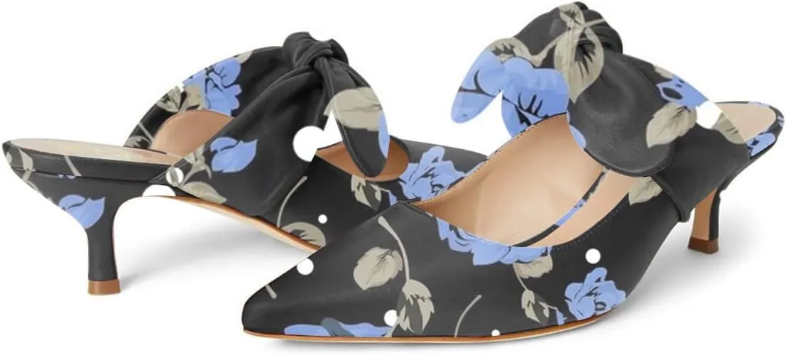 FOWT Pointed Toe Slip On Mules with Bow, Low Kitten Heel Backless Burnished Dress Sandals for Women Slipper Loafer Vintage Classics Comfy 4-16 M US