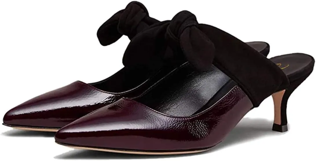 FOWT Pointed Toe Slip On Mules with Bow, Low Kitten Heel Backless Burnished Dress Sandals for Women Slipper Loafer Vintage Classics Comfy 4-16 M US