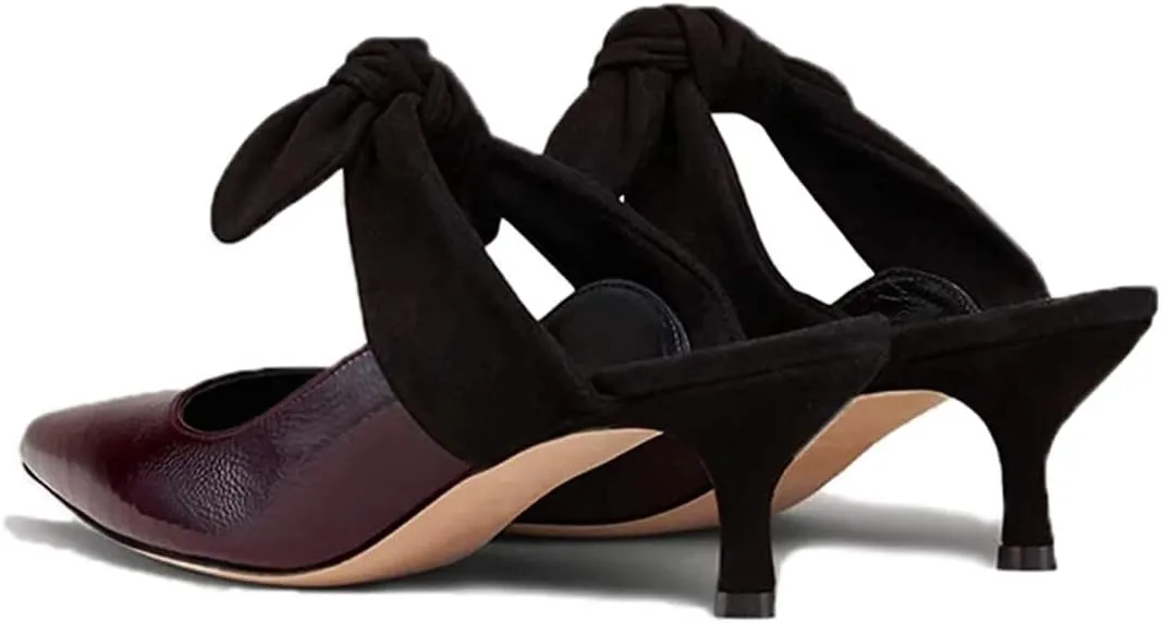 FOWT Pointed Toe Slip On Mules with Bow, Low Kitten Heel Backless Burnished Dress Sandals for Women Slipper Loafer Vintage Classics Comfy 4-16 M US