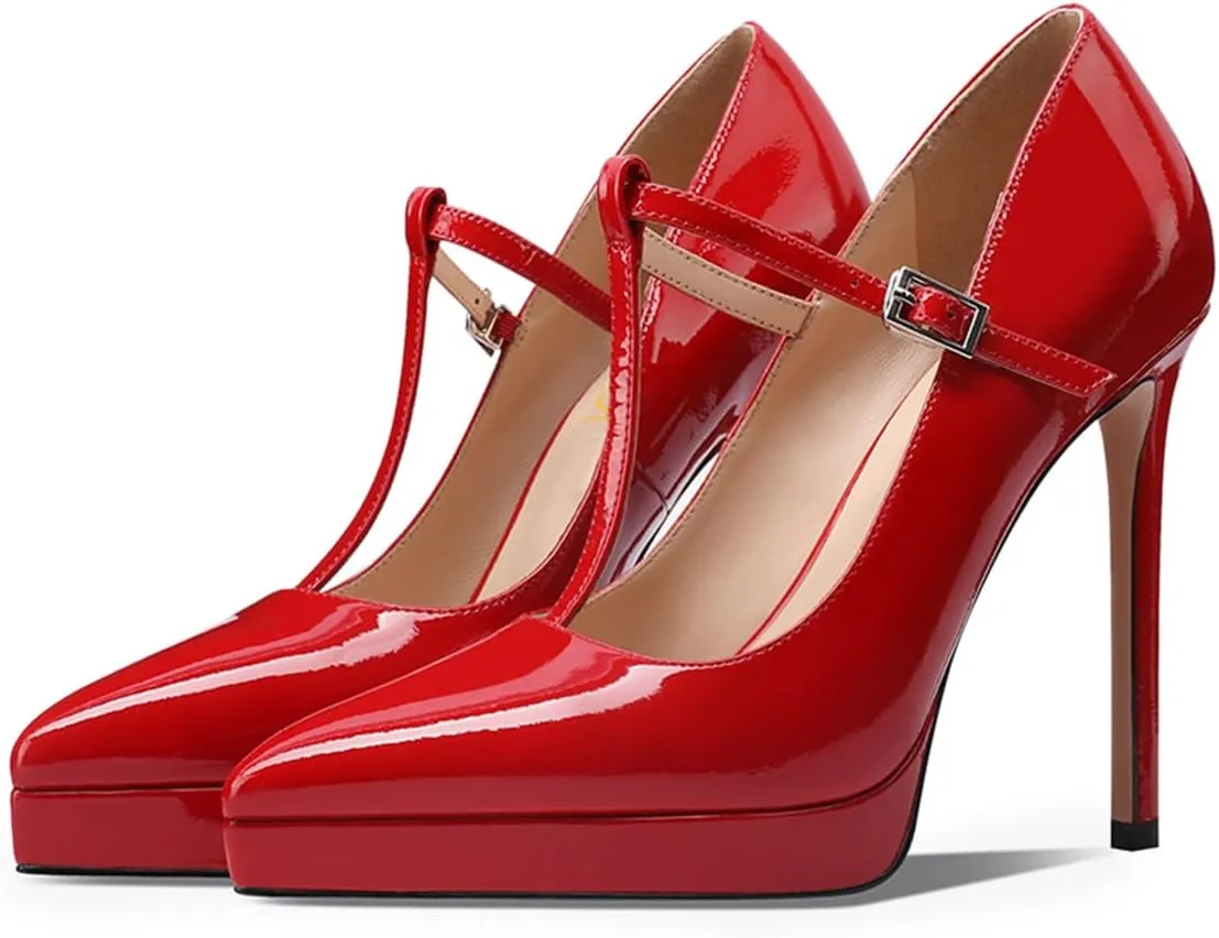 FOWT Women Pointed Toe T-Strap Platform Pumps Stiletto High Heel Sexy Party Date Evening Dress Shoes Size 4-16 US
