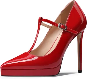 FOWT Women Pointed Toe T-Strap Platform Pumps Stiletto High Heel Sexy Party Date Evening Dress Shoes Size 4-16 US