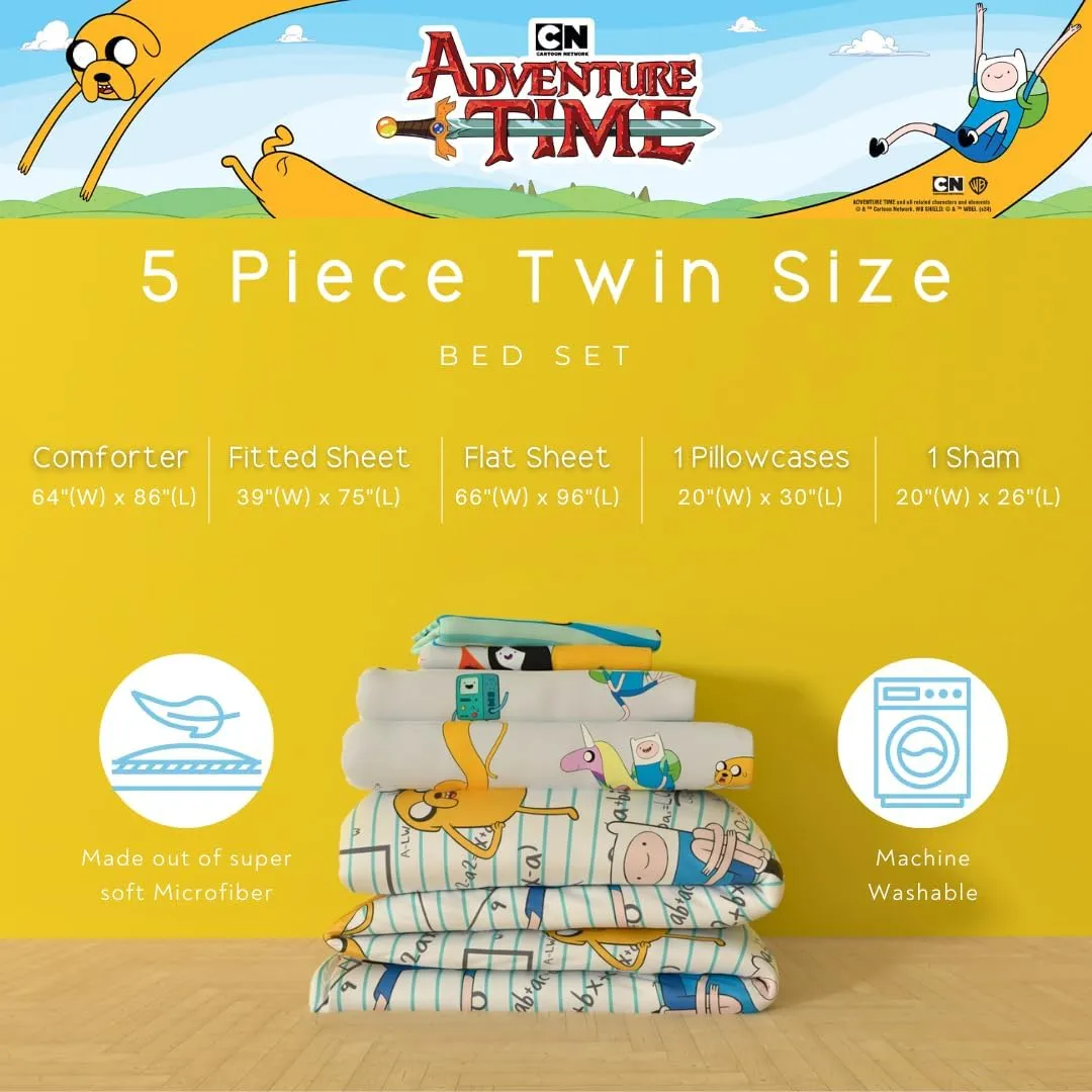 Franco Adventure Time Finn & Jake 5 Piece Super Soft Cozy Reversible Comforter and Sheet Set with Sham, Twin, (Officially Licensed Product)