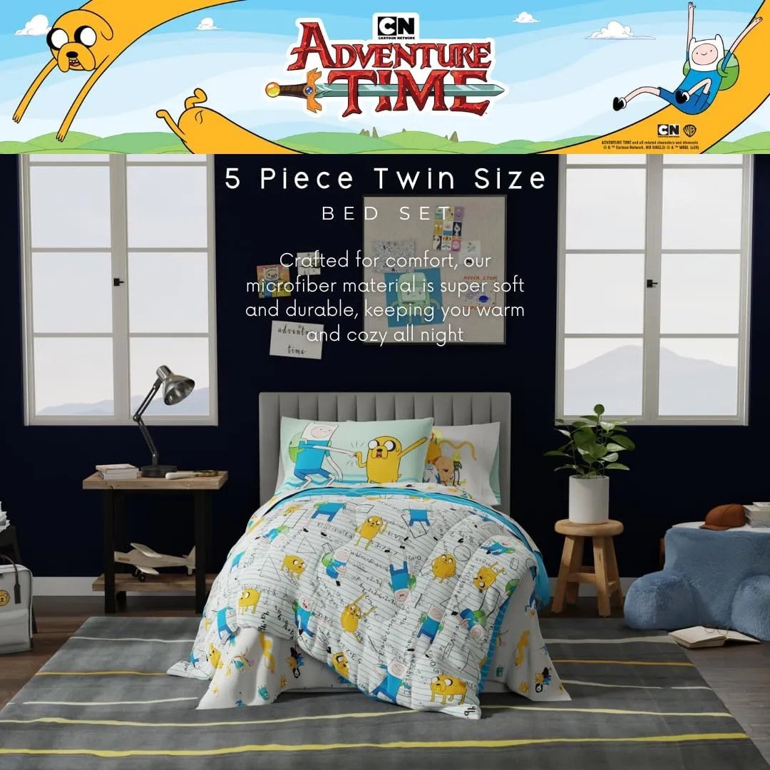 Franco Adventure Time Finn & Jake 5 Piece Super Soft Cozy Reversible Comforter and Sheet Set with Sham, Twin, (Officially Licensed Product)