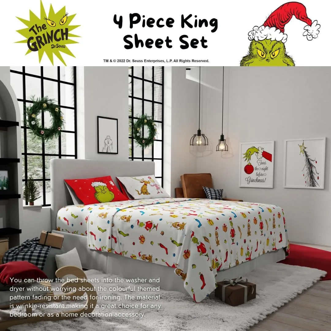 Franco Collectibles Dr. Seuss The Grinch Holiday & Christmas Bedding Super Soft Microfiber 4 Piece King Sheet Set, (Officially Licensed Product)