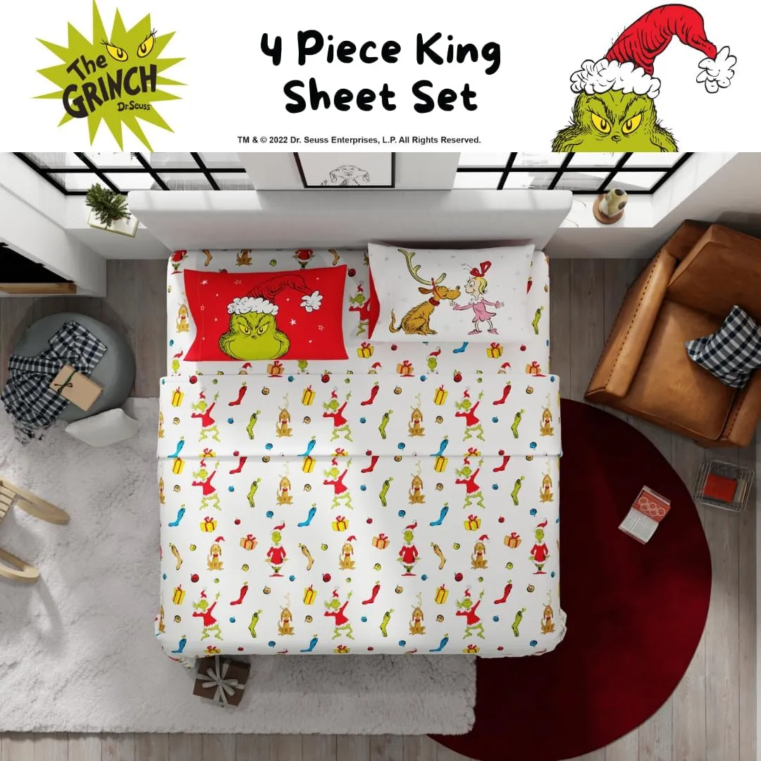 Franco Collectibles Dr. Seuss The Grinch Holiday & Christmas Bedding Super Soft Microfiber 4 Piece King Sheet Set, (Officially Licensed Product)