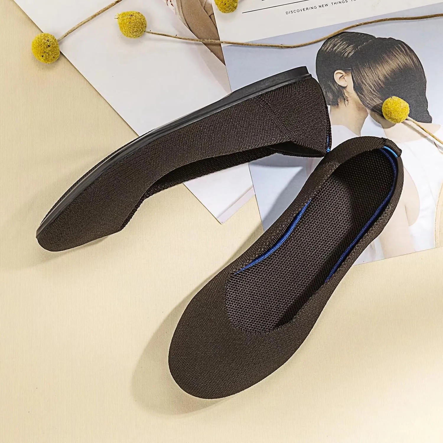 Frank Mully Women’s Ballet Flat Shoes Knit Dress Shoes Round Toe Slip On Ballerina Walking Flats Shoes for Woman Low Wedge Comfort Soft