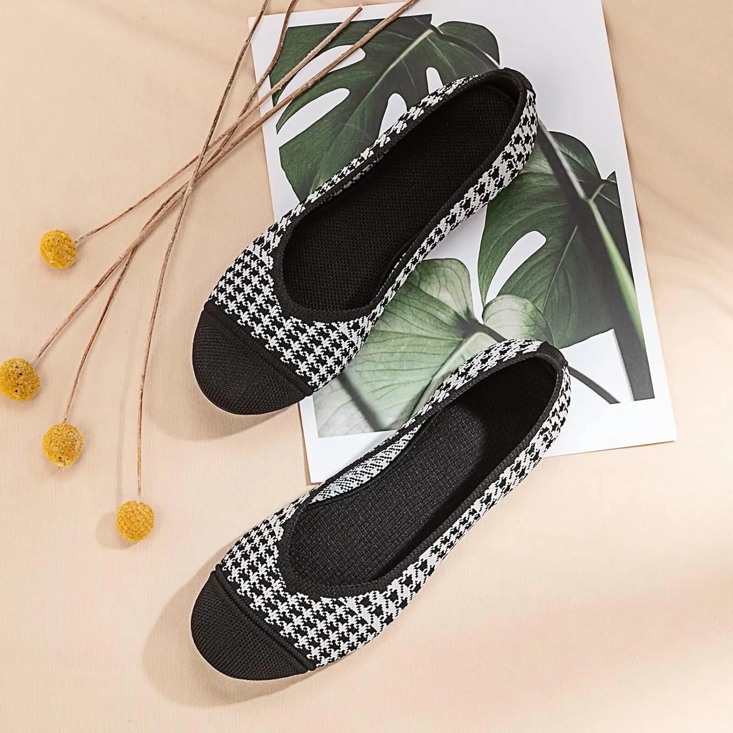 Frank Mully Women’s Ballet Flat Shoes Knit Dress Shoes Round Toe Slip On Ballerina Walking Flats Shoes for Woman Low Wedge Comfort Soft