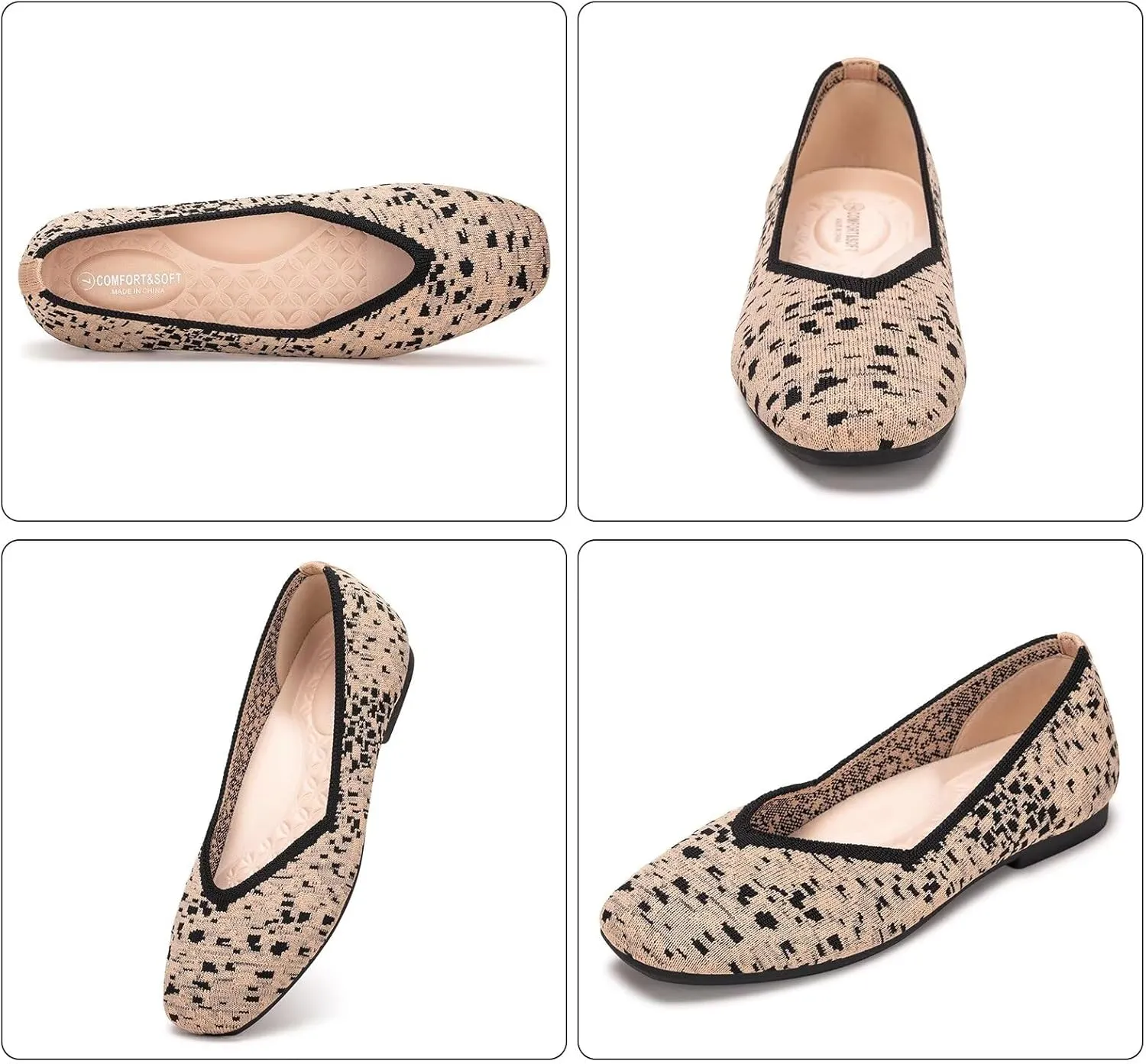 Frank Mully Womens Casual Flat Shoes Square Toe Shoes Knitted Work Flat Comfort Dressy Flat Shoes for Daily Washable