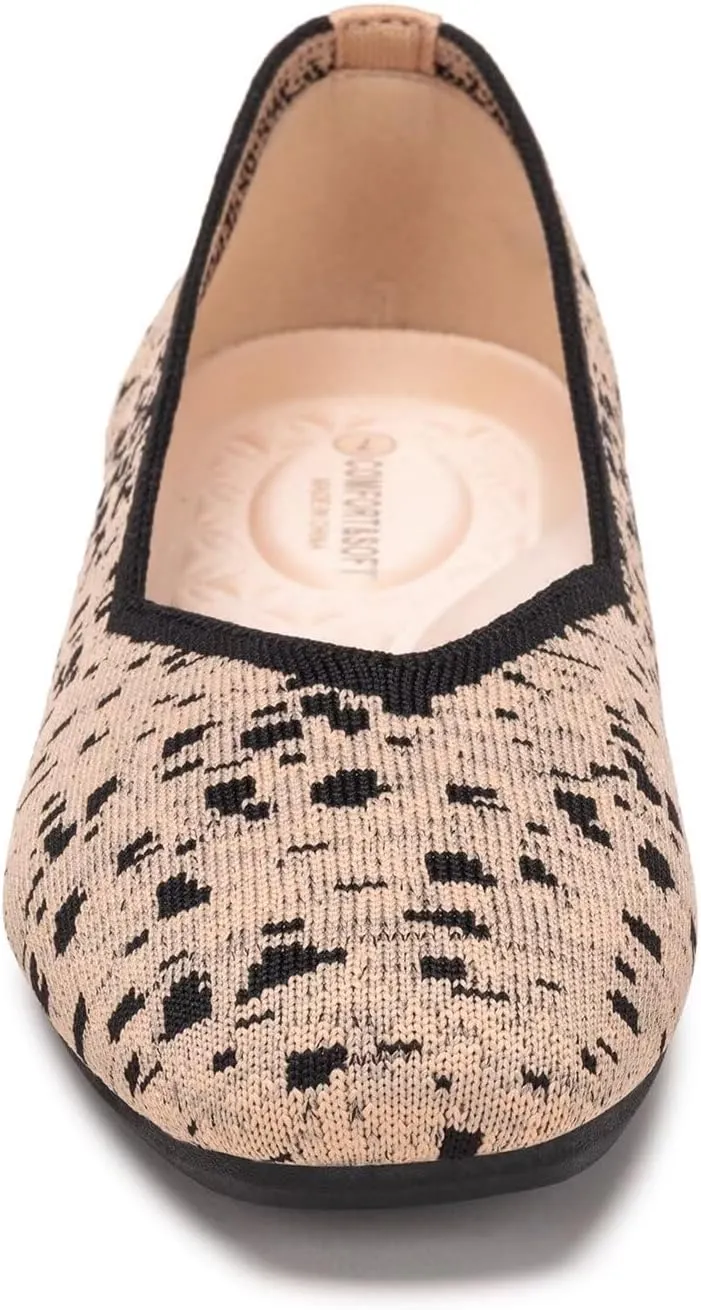Frank Mully Womens Casual Flat Shoes Square Toe Shoes Knitted Work Flat Comfort Dressy Flat Shoes for Daily Washable