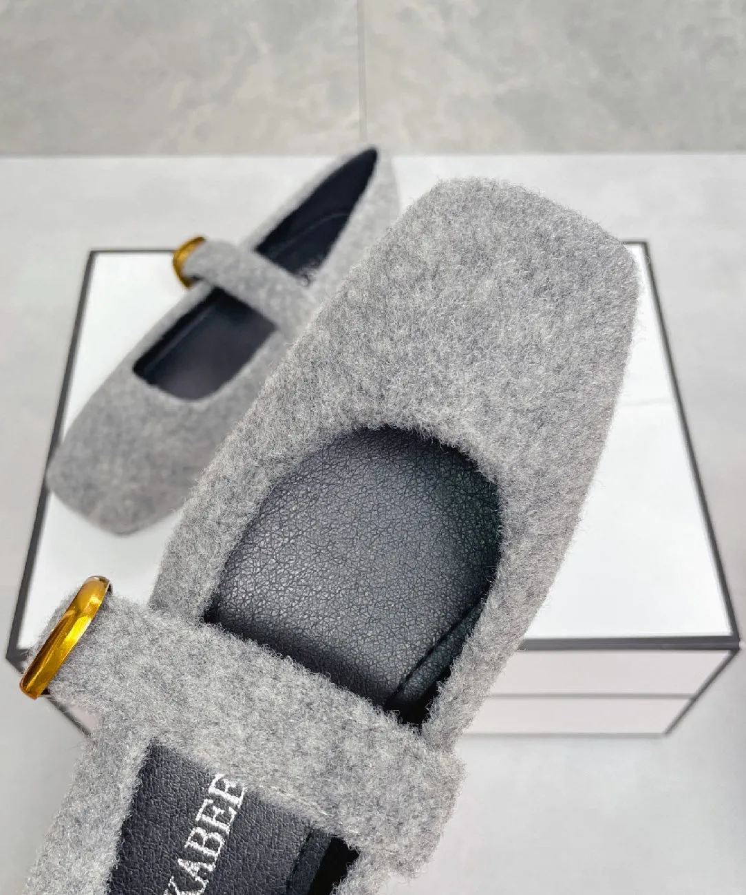 French Grey Fuzzy Fur Fluffy Soft Splicing Flat Feet Shoes Buckle Strap