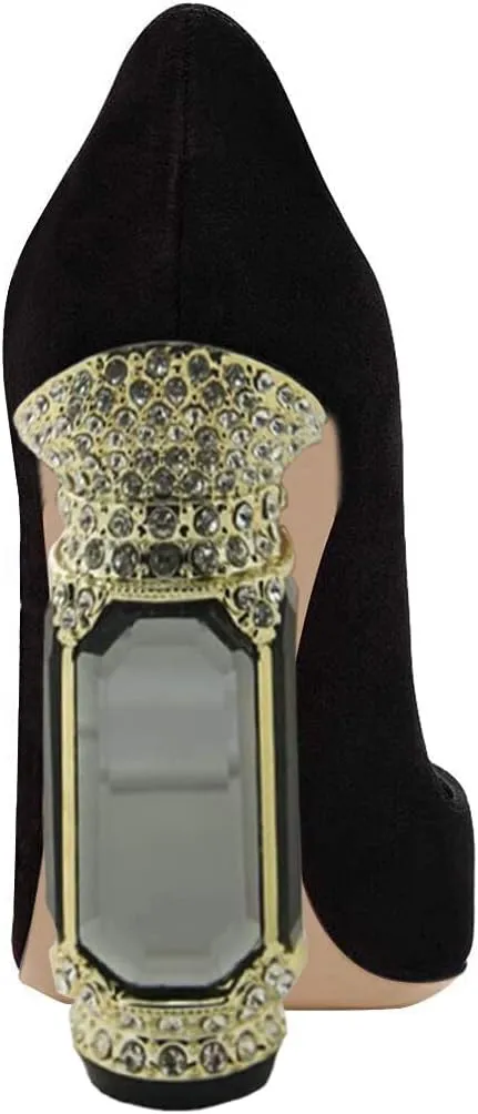 FSJ Women Bridal Pointed Toe Chunky High Heel Crystal Pumps Slip on Wedding Thick Comfort Unique Shoes Size 4-15 US