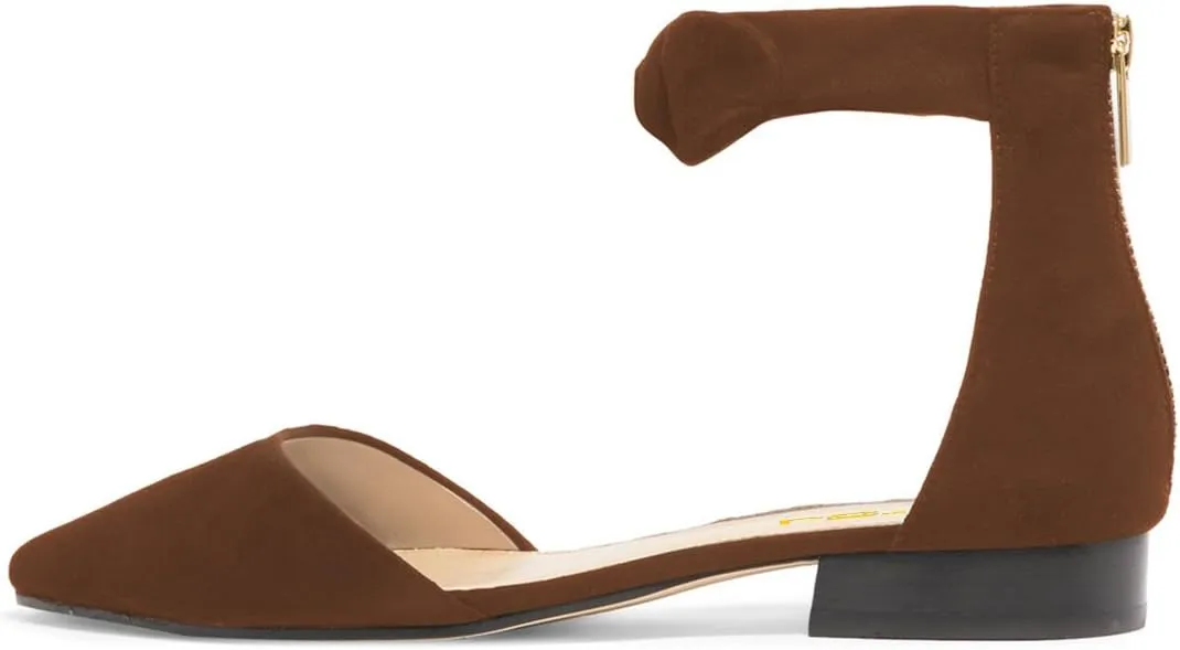 FSJ Women Classic Pointy Toe Ankle Strap D'Orsay Flats Zipper Comfortable Walking Shoes Size 4-15 US