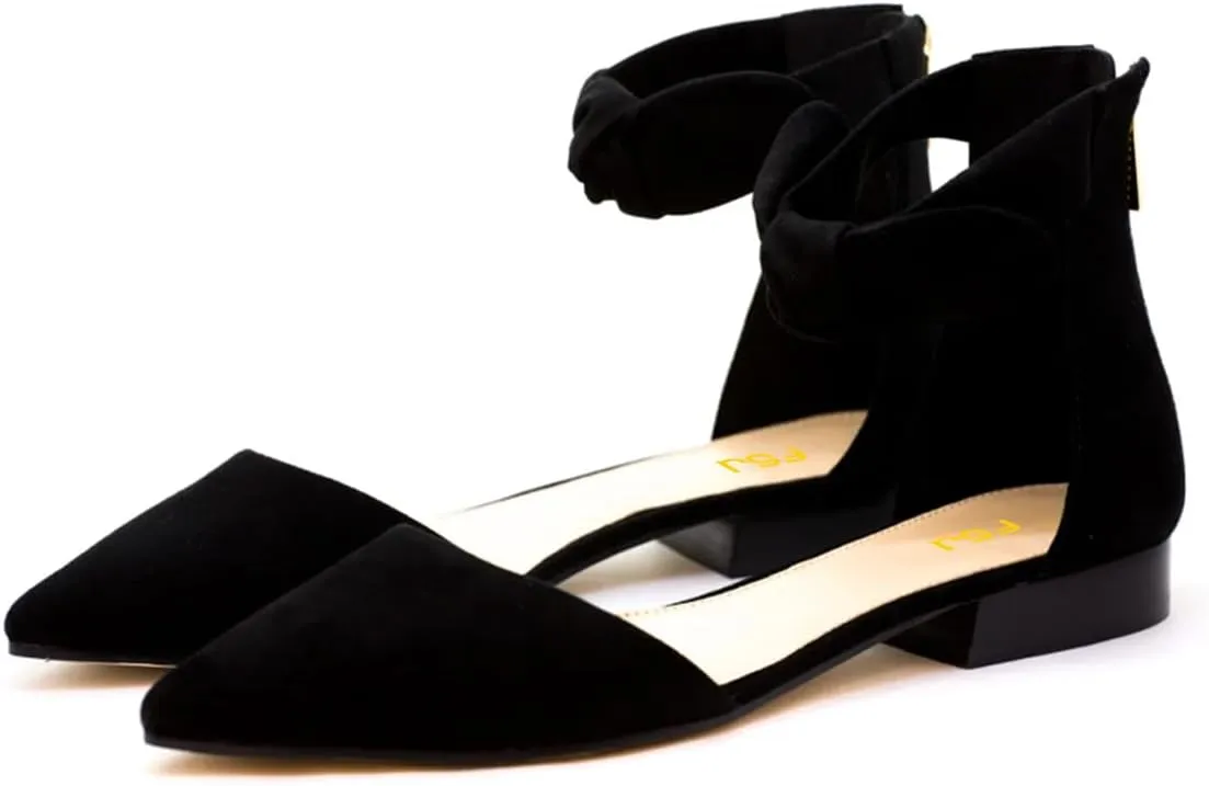 FSJ Women Classic Pointy Toe Ankle Strap D'Orsay Flats Zipper Comfortable Walking Shoes Size 4-15 US