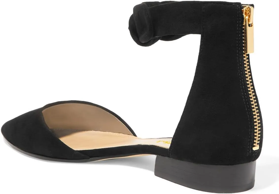 FSJ Women Classic Pointy Toe Ankle Strap D'Orsay Flats Zipper Comfortable Walking Shoes Size 4-15 US