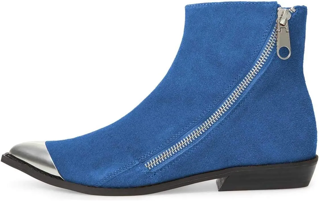FSJ Women Comfy Western Flat Ankle Boots Low Heel Pointed Toe Side Zipper Booties Dress Daily Work Shoes Size 4-15 US