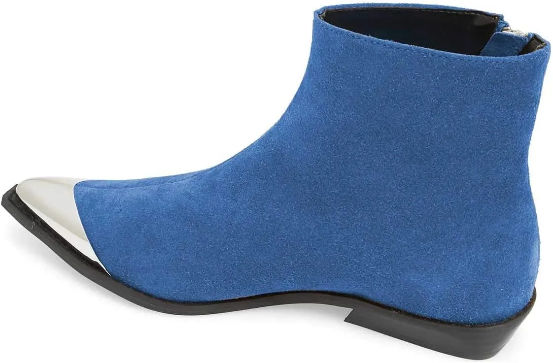FSJ Women Comfy Western Flat Ankle Boots Low Heel Pointed Toe Side Zipper Booties Dress Daily Work Shoes Size 4-15 US