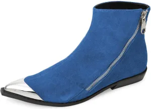 FSJ Women Comfy Western Flat Ankle Boots Low Heel Pointed Toe Side Zipper Booties Dress Daily Work Shoes Size 4-15 US