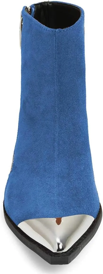 FSJ Women Comfy Western Flat Ankle Boots Low Heel Pointed Toe Side Zipper Booties Dress Daily Work Shoes Size 4-15 US