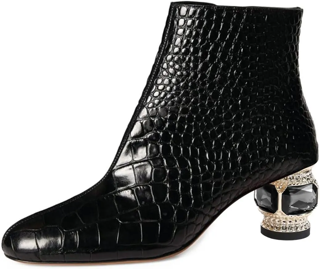 FSJ Women Round Toe Crystal Chunky Block Low Heel Ankle Boots Fashion Side Zipper Casual Prom Walking Shoes Size 4-16 US