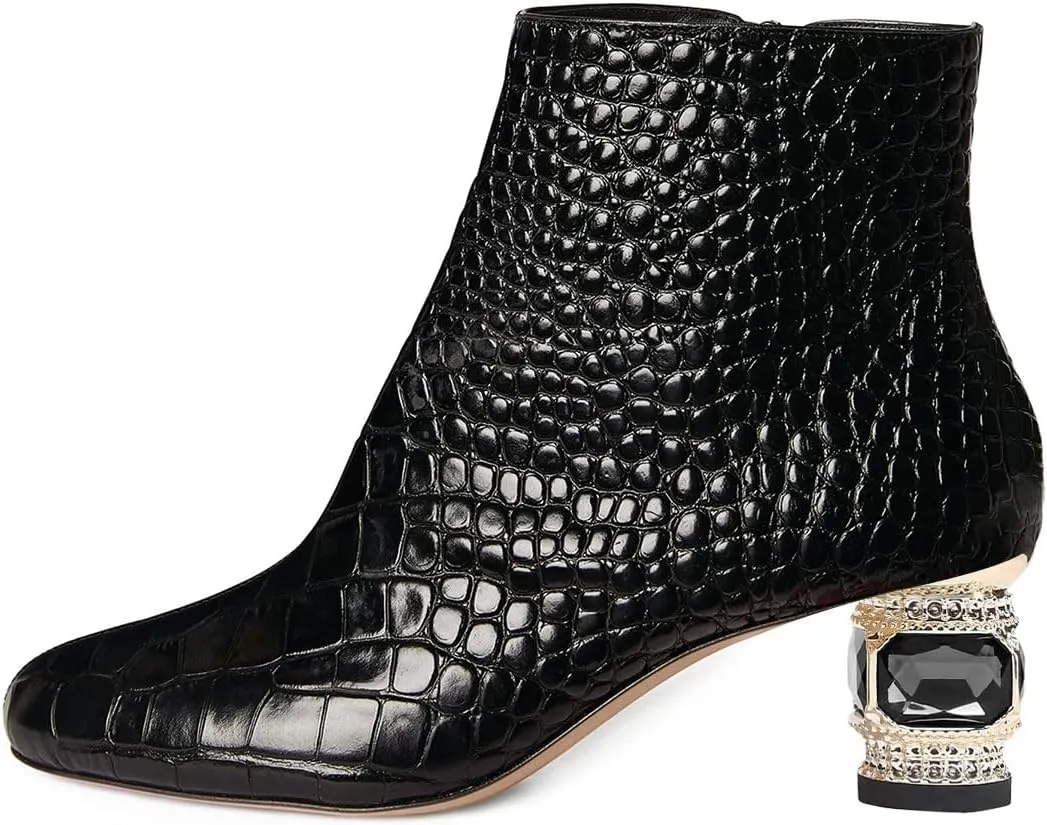 FSJ Women Round Toe Crystal Chunky Block Low Heel Ankle Boots Fashion Side Zipper Casual Prom Walking Shoes Size 4-16 US