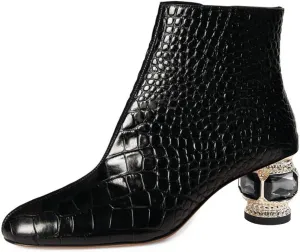 FSJ Women Round Toe Crystal Chunky Block Low Heel Ankle Boots Fashion Side Zipper Casual Prom Walking Shoes Size 4-16 US