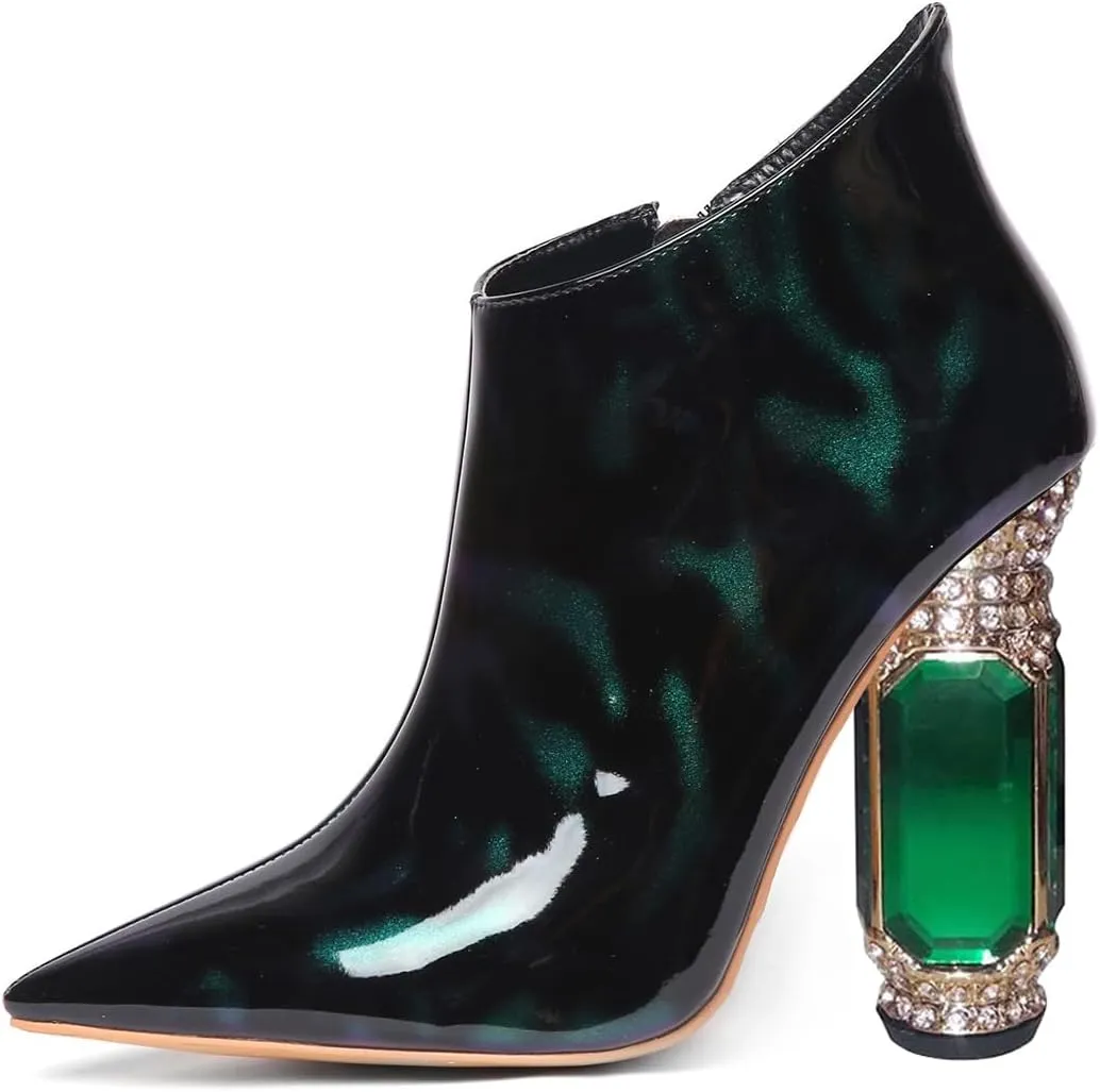 FSJ Women Trendy Ankle Boots Pointed Toe Comfy Chunky High Heel Sparkly Crystal Side Zipper Booties Wedding Party Shoes Size 4-16 US