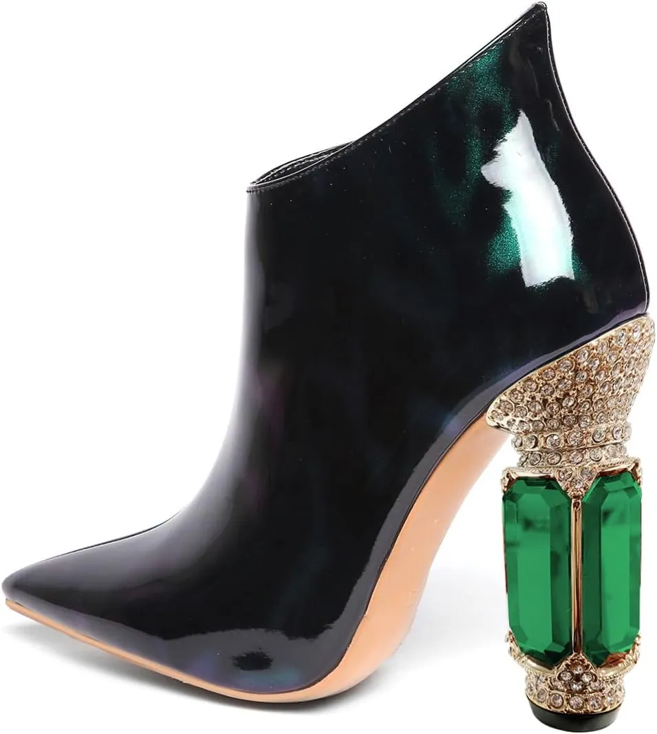 FSJ Women Trendy Ankle Boots Pointed Toe Comfy Chunky High Heel Sparkly Crystal Side Zipper Booties Wedding Party Shoes Size 4-16 US