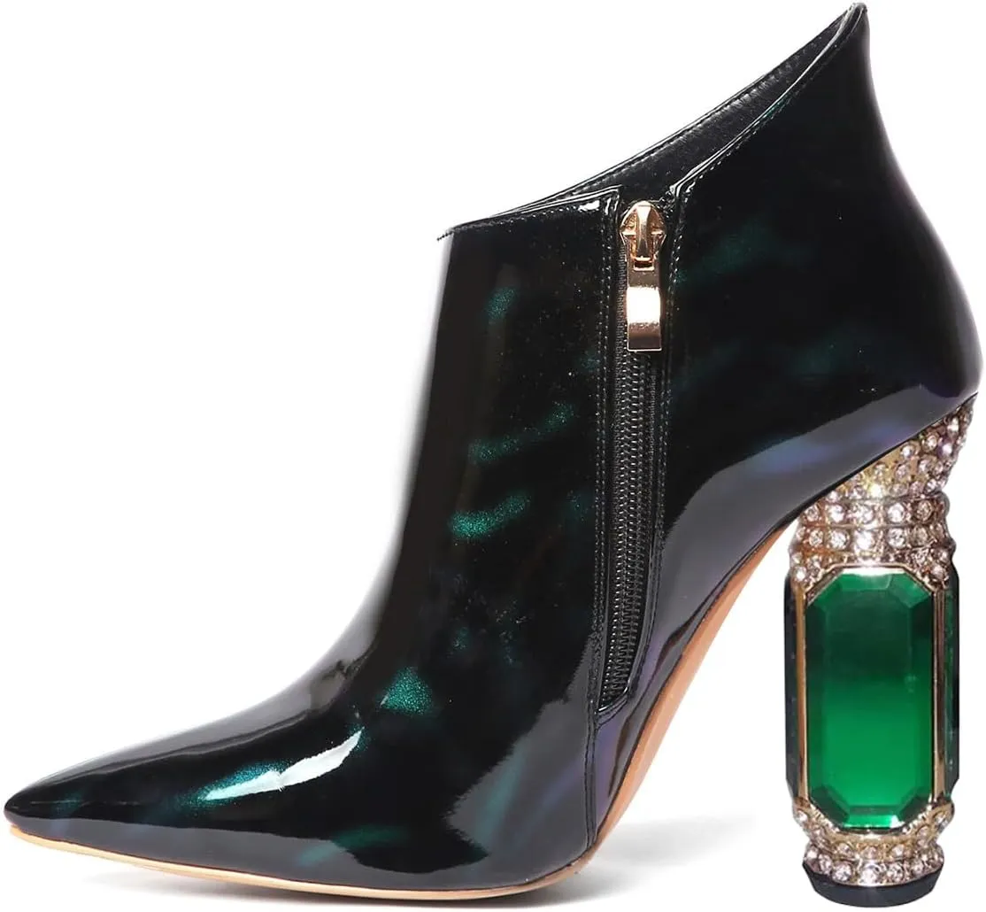 FSJ Women Trendy Ankle Boots Pointed Toe Comfy Chunky High Heel Sparkly Crystal Side Zipper Booties Wedding Party Shoes Size 4-16 US