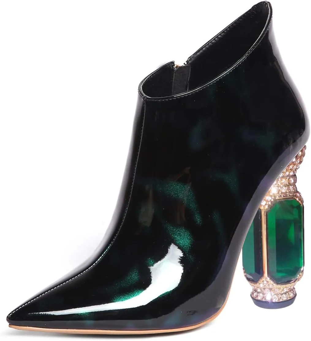FSJ Women Trendy Ankle Boots Pointed Toe Comfy Chunky High Heel Sparkly Crystal Side Zipper Booties Wedding Party Shoes Size 4-16 US