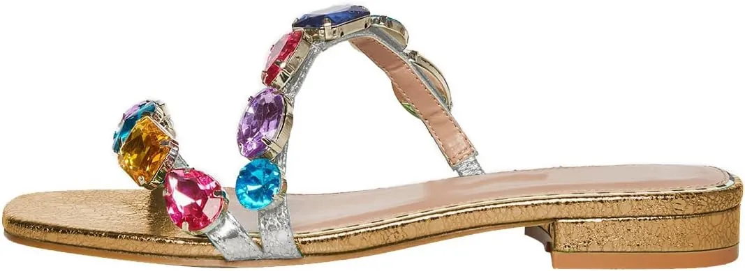 FSJ Women's Flat Jeweled Sandals Crystal with Rhinestone Slide Open Toe Casual Slip On Summer Beach Party Bridal Wedding Shoes Size 4-15 US