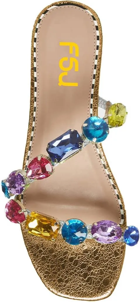 FSJ Women's Flat Jeweled Sandals Crystal with Rhinestone Slide Open Toe Casual Slip On Summer Beach Party Bridal Wedding Shoes Size 4-15 US