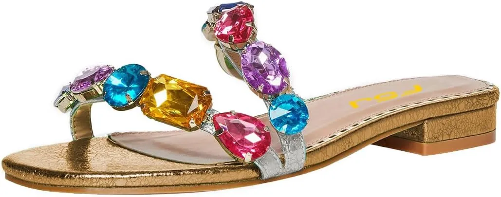 FSJ Women's Flat Jeweled Sandals Crystal with Rhinestone Slide Open Toe Casual Slip On Summer Beach Party Bridal Wedding Shoes Size 4-15 US
