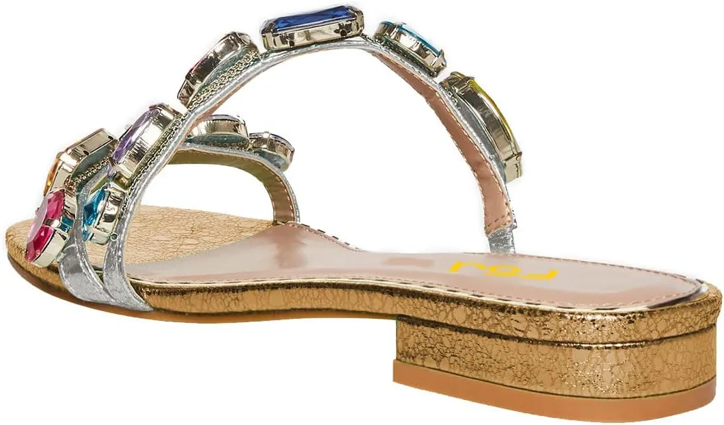 FSJ Women's Flat Jeweled Sandals Crystal with Rhinestone Slide Open Toe Casual Slip On Summer Beach Party Bridal Wedding Shoes Size 4-15 US