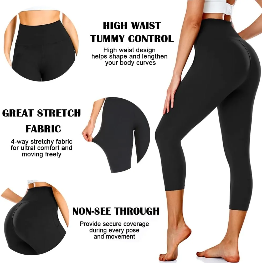 FULLSOFT 3 Pack Capri Leggings for Women - High Waisted Tummy Control Black Workout Yoga Pants