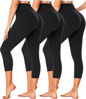 FULLSOFT 3 Pack Capri Leggings for Women - High Waisted Tummy Control Black Workout Yoga Pants