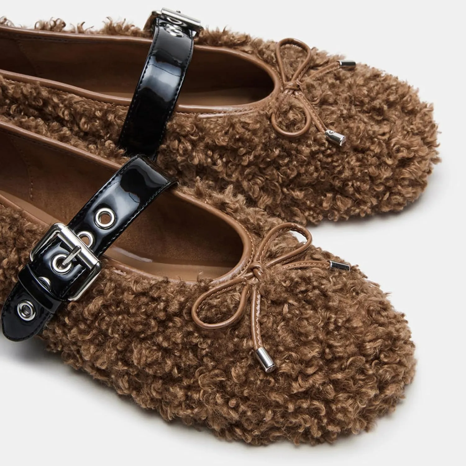Fur Ballet Flats with Buckle for Women Comfy Faux Shearling Mary Jane Flats Adjustable Strap Ballerina Flat Shoes Causal Daily Dress Shoes