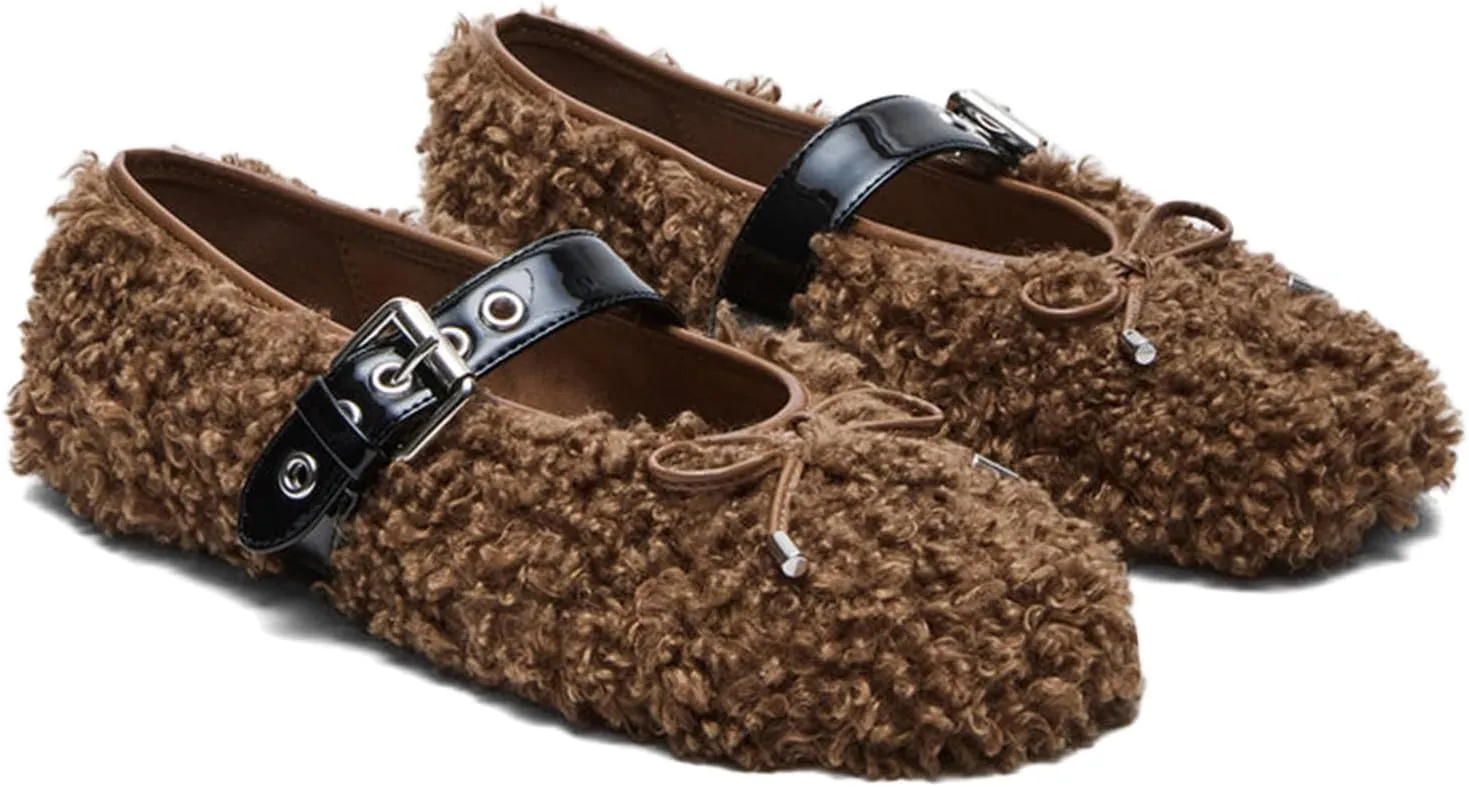 Fur Ballet Flats with Buckle for Women Comfy Faux Shearling Mary Jane Flats Adjustable Strap Ballerina Flat Shoes Causal Daily Dress Shoes