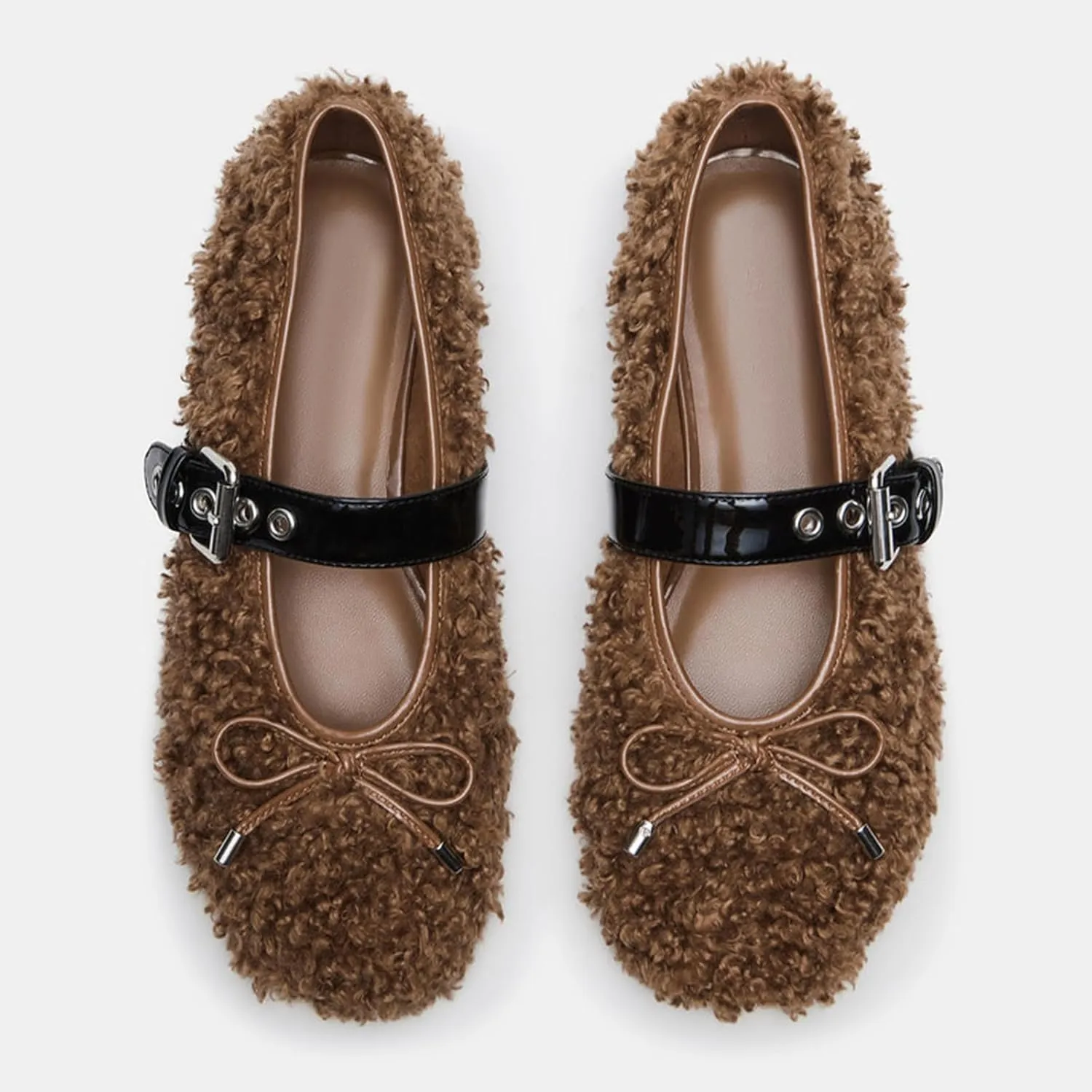 Fur Ballet Flats with Buckle for Women Comfy Faux Shearling Mary Jane Flats Adjustable Strap Ballerina Flat Shoes Causal Daily Dress Shoes