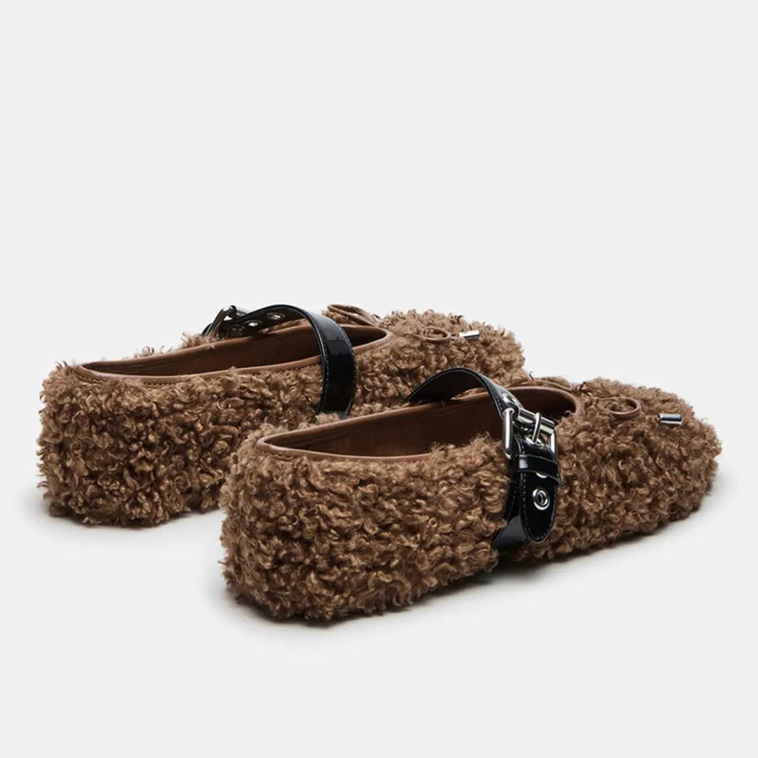 Fur Ballet Flats with Buckle for Women Comfy Faux Shearling Mary Jane Flats Adjustable Strap Ballerina Flat Shoes Causal Daily Dress Shoes